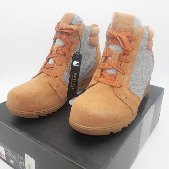 NEW SOREL Evie Ankle Lace Boots Bootie Wedge Women's 6.5  Brown Black - Picture 1 of 8